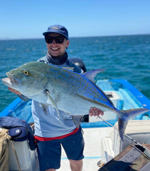 Blue fin Trevally caught while fly fishing on either a hosted trip, custom package, or day trip with The Fish Ranch in La Ventana, Baja California Sur, Mexico 