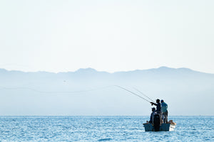Guests fly fishing from a panga during a hosted fly fishing trip with The Fish Ranch, La Ventana, BCS Mexico 