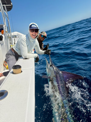 Release of a striped marlin on a fly fishing trip with outfitter The Fish Ranch, in Magdalena Bay, Baja California Sur, Lopez Mateos, Mexico 